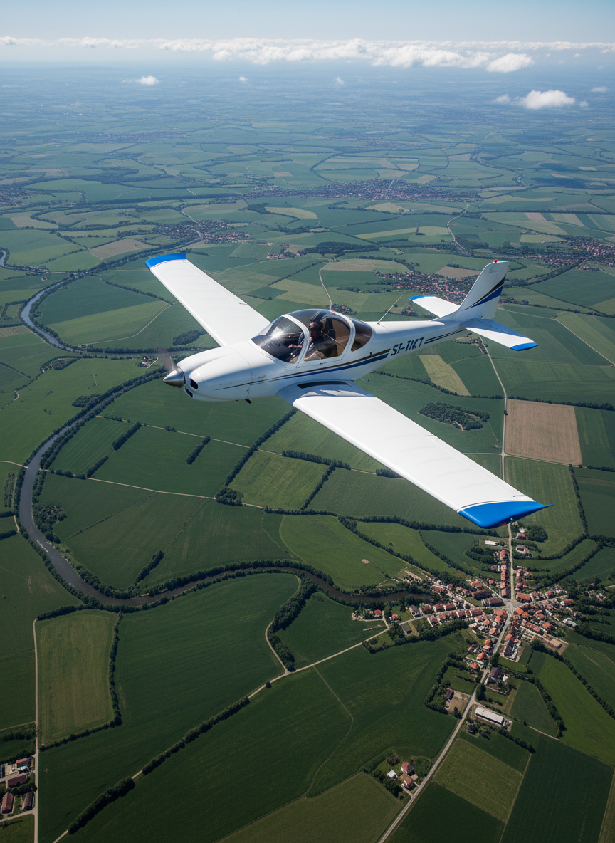The Spirit SE-1 is captured in-flight from a nearby chase plane, banking gently over a patchwork of green fields, winding rivers, and small villages below. The aircraft’s white and blue livery gleams in crisp, midday sunlight, with the wings casting a narrow shadow on the fuselage. Wisps of scattered clouds sit just above the horizon, adding depth to the background. Shot from a slightly elevated three-quarter angle, the composition places the SE-1 on the rule of thirds, with the landscape stretching far into the distance in sharp, photographic realism. The atmosphere is adventurous yet controlled, communicating the freedom of light sport flying over scenic countryside.