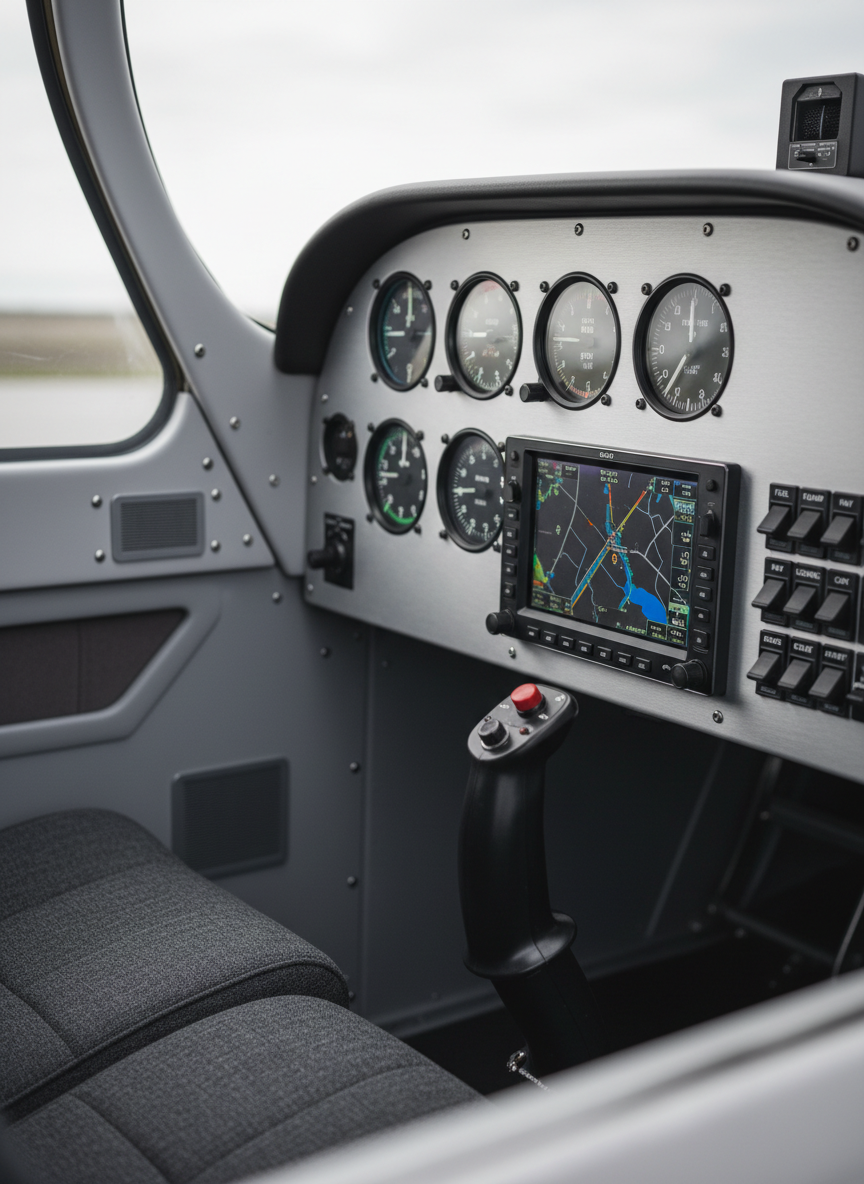 A detailed, photographic close-up of the Spirit SE-1 cockpit interior from the left wing root, showing a modern instrument panel with round analog gauges, a compact glass display, neatly labeled switches, and a center-mounted control stick. The seats are dark gray fabric with subtle texture, and the cockpit sidewalls show clean, light-gray composite surfaces with visible rivet lines and vents. Soft, diffused daylight streams through the bubble canopy, creating gentle reflections on the instrument glass and metal knobs. The depth of field is shallow, keeping the primary flight instruments razor sharp while the far edge of the panel fades into soft blur. The mood is focused and professional, ideal for illustrating a pilot’s working environment.