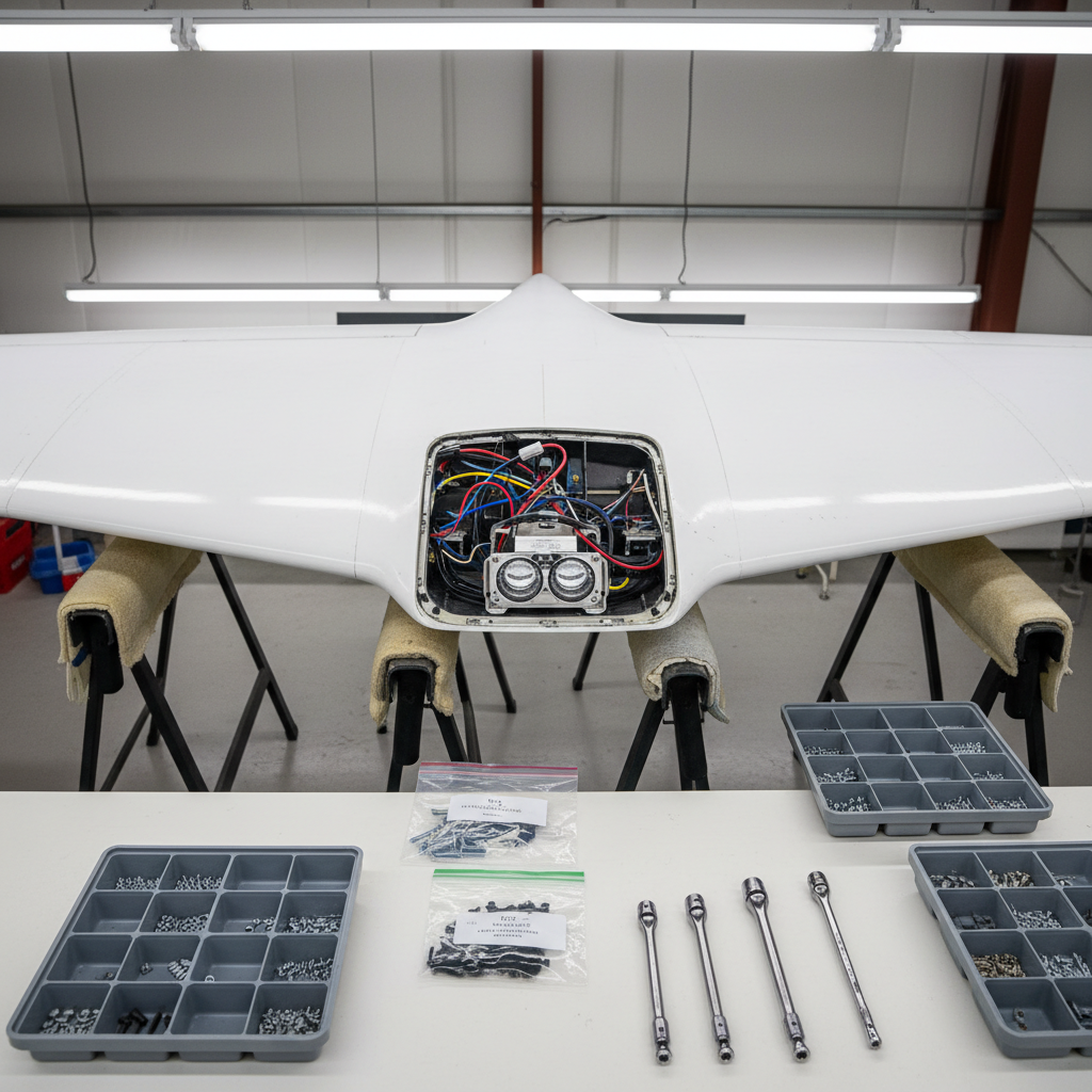 A top-down, photographic shot of the Spirit SE-1 wing during a modification project, taken inside a tidy workshop. The white composite wing surface is supported on padded saw horses, with the inspection panel removed to reveal internal ribs, wiring, and a neatly installed LED landing light assembly. Around the wing lie organized parts trays, torque wrenches, and labeled bags of hardware on a clean workbench. Overhead LED shop lighting produces even, neutral illumination, reducing harsh shadows and making every detail visible. The composition is carefully framed to keep the wing’s leading and trailing edges in view, conveying a precise, methodical mood suited to documenting upgrades and improvements.