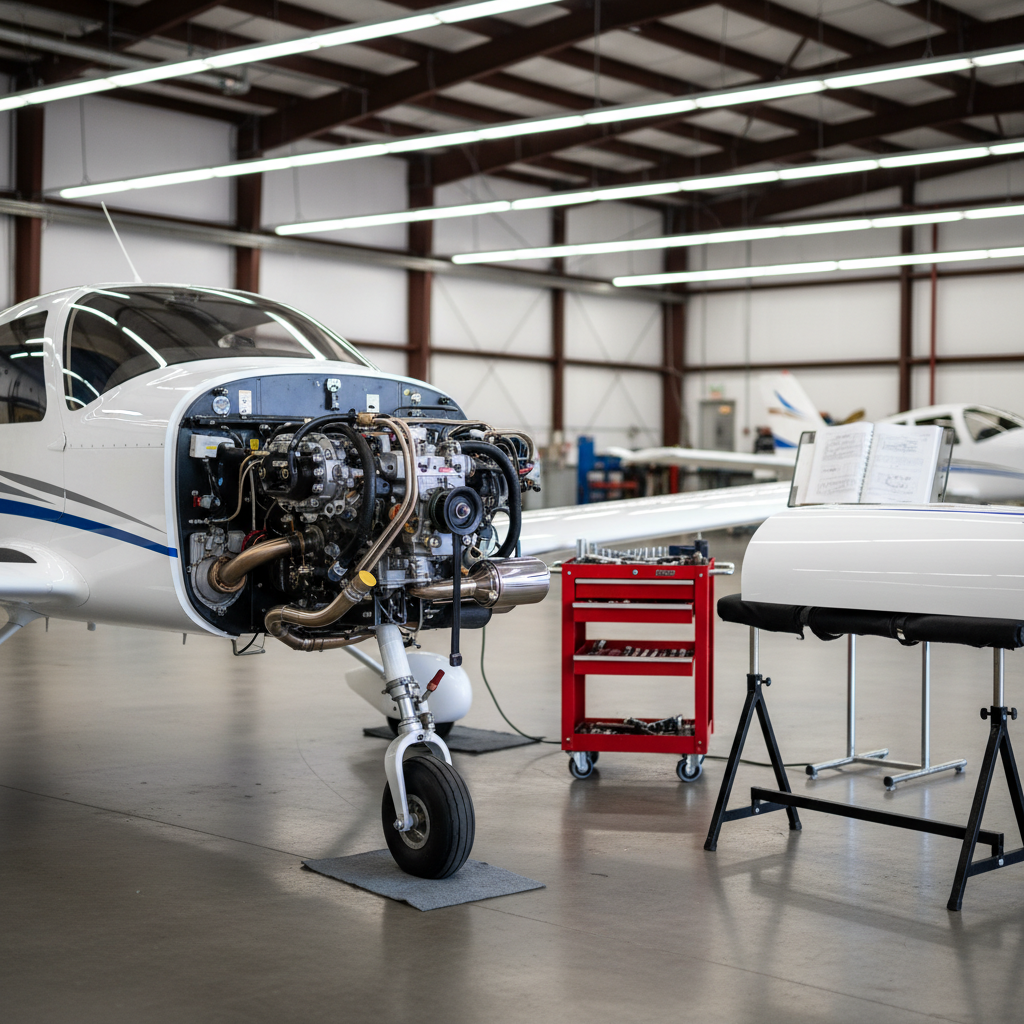 A Spirit SE-1 sits inside a well-lit maintenance hangar, positioned slightly off-center on a smooth concrete floor with a few oil-absorbent pads beneath the nosewheel. The cowling is removed and rests on a padded stand nearby, exposing a compact four-cylinder engine with braided lines, labeled hoses, and a neatly routed exhaust. A small rolling tool cart and open maintenance manual on a stand are visible but slightly out of focus in the background. Overhead fluorescent lights provide bright, even illumination, creating clean highlights on metal parts and soft reflections on the aircraft’s composite skin. Shot at eye level with moderate depth of field, the image feels methodical and technical, emphasizing responsible ownership and hands-on care of the LSA.