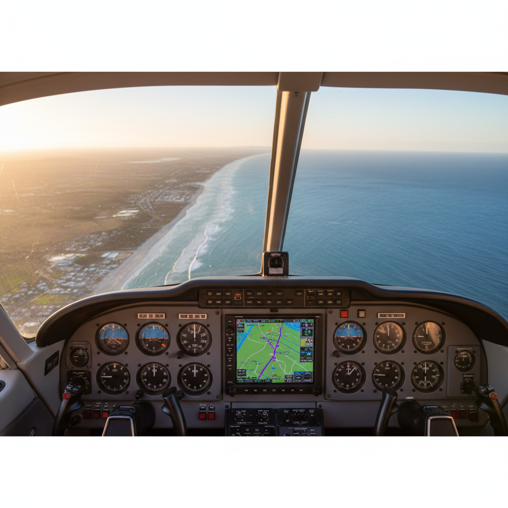 A panoramic, photographic view from just behind the right seat of the Spirit SE-1 cockpit in flight, looking forward over the instrument panel toward the windscreen. The panel displays clear analog gauges and a bright multifunction display showing a moving map, while outside stretches a coastline with sandy beaches, deep blue water, and a curving shoreline. Late afternoon sunlight pours in from the left, creating gentle reflections on the canopy and soft highlights on knob edges, while the distant scenery is slightly hazy. Focus is sharp on the panel and gradually softens toward the horizon, drawing the eye through the cockpit to the landscape, ideal for illustrating a narrative trip report from the pilot’s perspective.